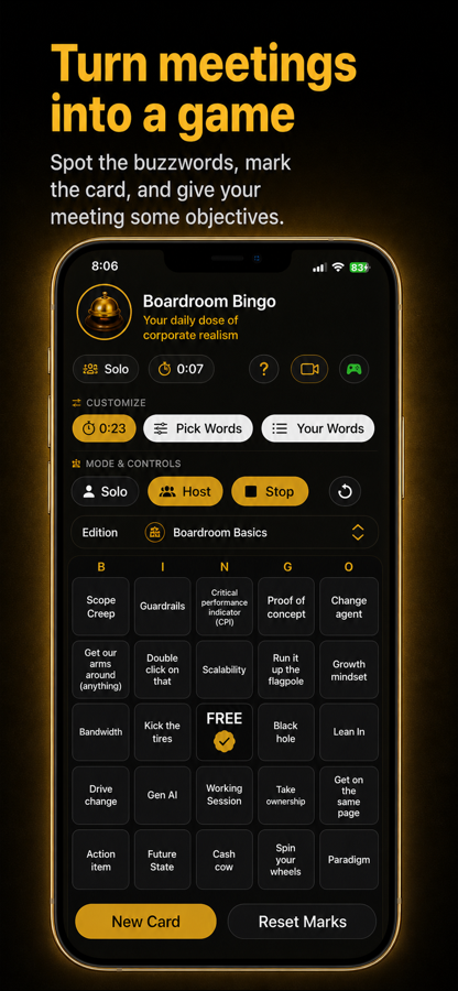 Boardroom Bingo gameplay showing a buzzword bingo card on iPhone
